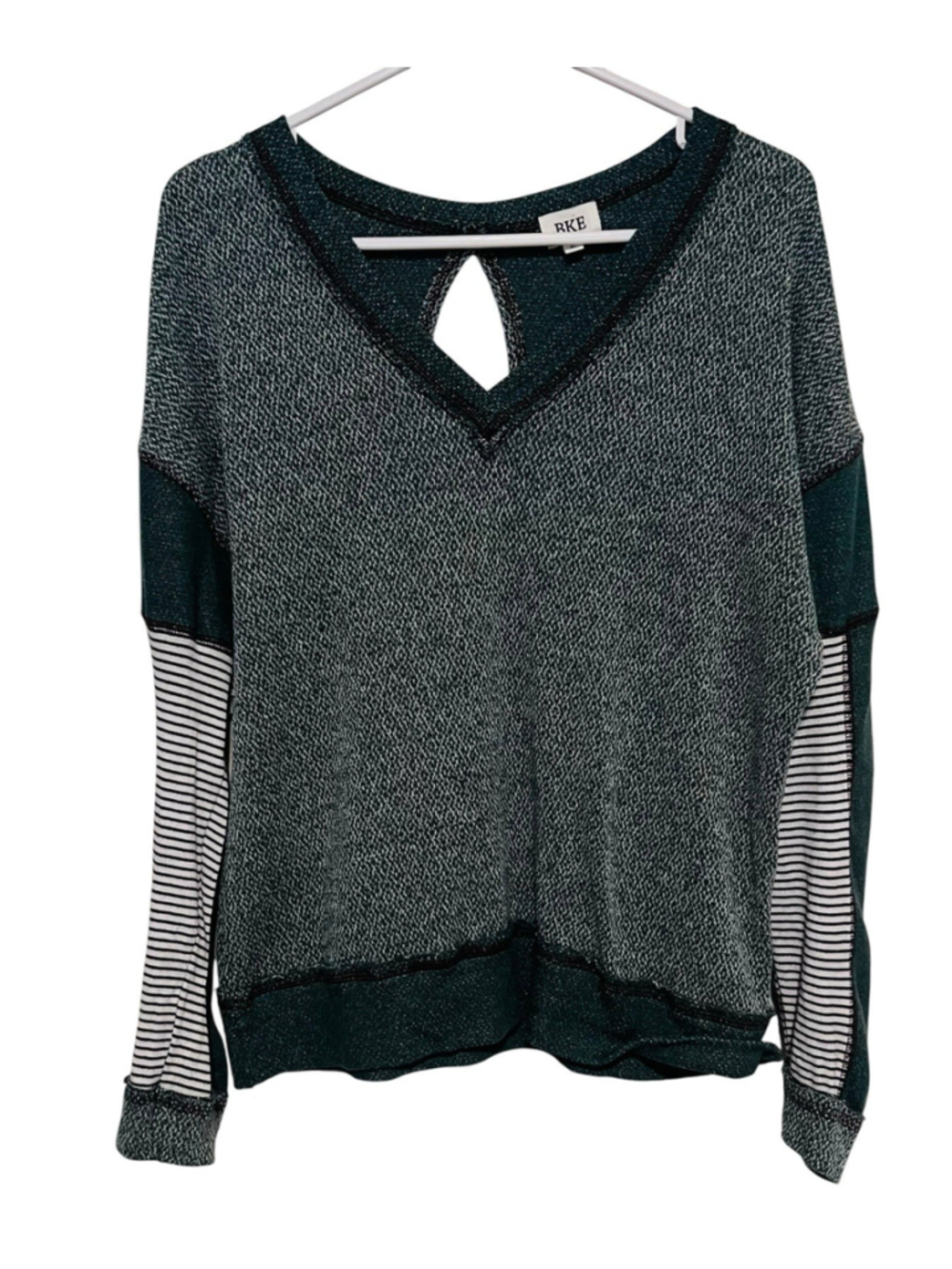 BKE Pullover Criss Cross Sweatshirt Top Women’s Large Green Striped Long Sleeve